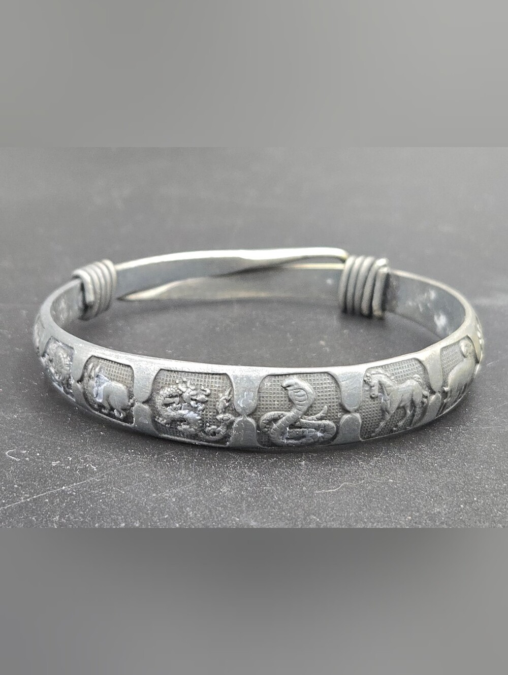Vintage Miao Silver Carves Chinese Zodiac Weighted Bangel/ Bracelet